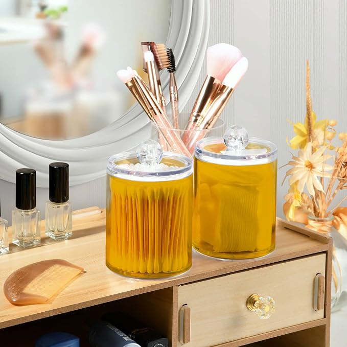 Mustard Yellow Qtip Holder Organizer Dispenser Cotton Swabs Cans Plastic Jars - Image 6