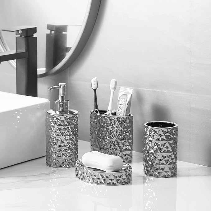 Silver Bathroom Accessories Set, 4 Piece Ceramic Bath Accessory Sets Complete - Image 7