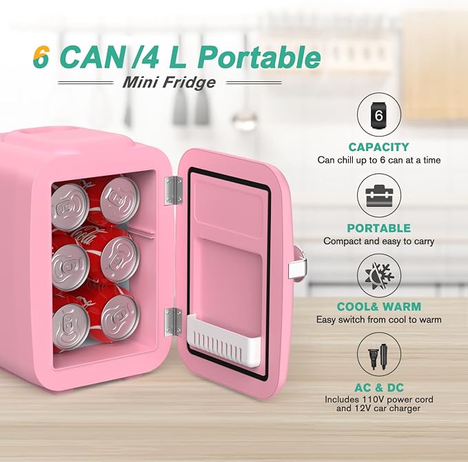 CROWNFUL Mini Fridge, 4 Liter/6 Can Portable Cooler and Warmer Personal - Image 2