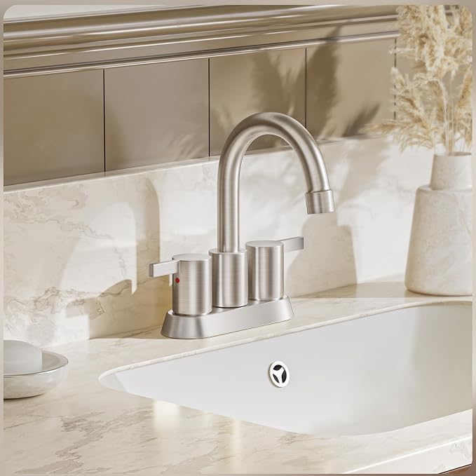Phiestina Brushed Nickel 4 Inch 2 Handle Centerset Lead-Free Bathroom Sink - Image 2