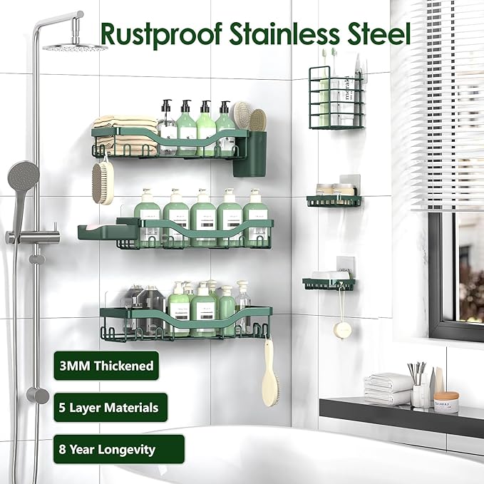 Shower Caddy Adhesive Shower Organizer 8-Pack, Rustproof Stainless Steel - Image 5