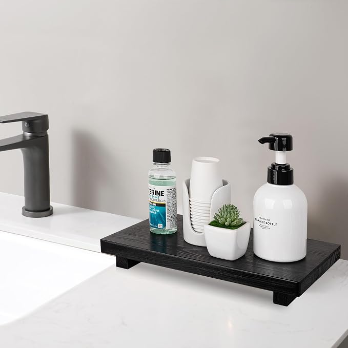 Bathroom Counter Organizer Wood Pedestal Stand Farmhouse Decorative Tray Soap - Image 3