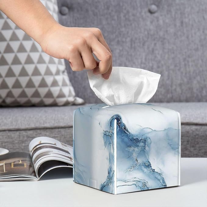 Blue Marble Tissue Box Cover Modern Square Leather Tissue Holder Decorative - Image 5