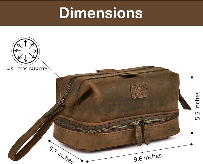 LEATHER VILLAGE Genuine Leather Dopp Kit – Large Travel Toiletry Bag - Image 5