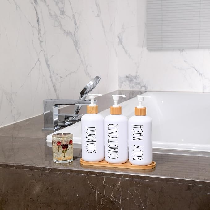 MOMEEMO White Shampoo and Conditioner Dispenser Set, Contains 3 Extra-Thick PET - Image 7