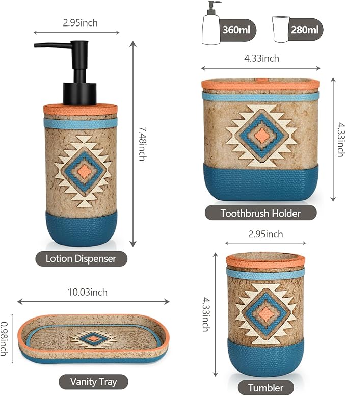 Bathroom Accessory Sets 4PCs Bathroom Set Complete Tribal Home Decor Southwest - Image 7