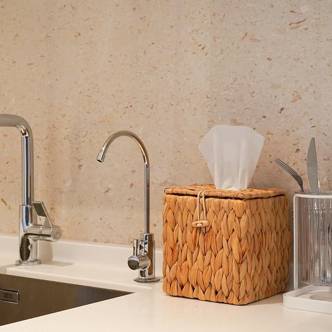 PINXIURY Tissue Box Cover Square Handwoven Rattan Tissue Box Holder, Natural - Image 3