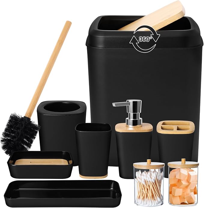 Bathroom Set Black Bathroom Trash Can, 9 Piece Bathroom Decor Toothbrush Holder by BetterbathroomwithXLHOME