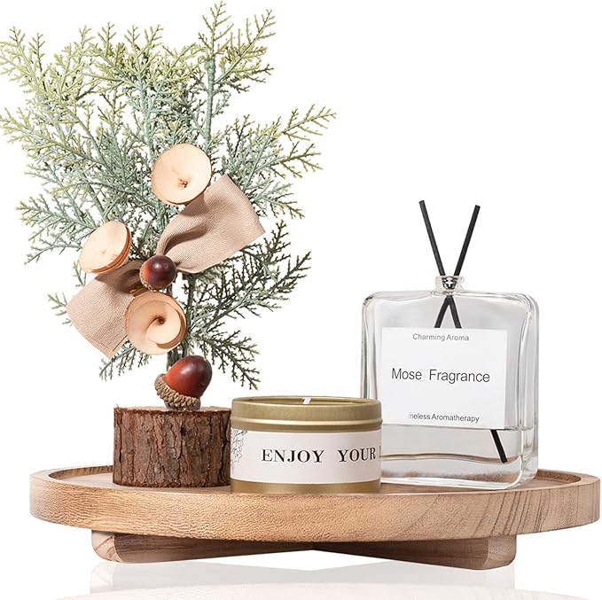 Round Decorative Tray Wood Bathroom Counter Organizer Farmhouse Kitchen Decor by zoocatia