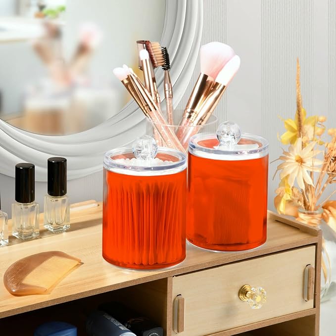 Orange Red Qtip Holder Organizer Dispenser Cotton Swabs Cans Plastic Jars - Image 6