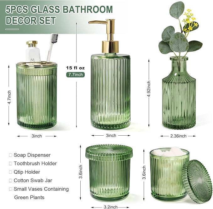 Green Bathroom Accessories 5 Pcs, Glass Bathroom Accessory Set, Vintage Green - Image 2