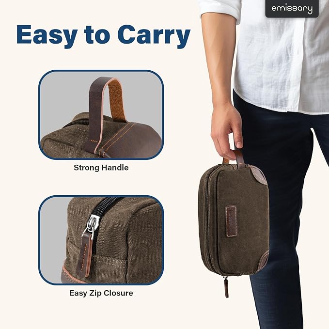 emissary Men's Toiletry Bag, Leather and Canvas Travel Toiletry Bag, Dopp Kit - Image 3