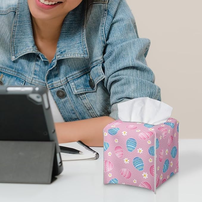 Pink Eggs Flower Tissue Box Case PU Leather Square Modern Asthetic Tissue Box - Image 6