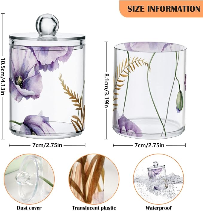 2 Pack Qtip Holder Dispenser for Cotton Ball Watercolor Flowers Purple Poppies - Image 4