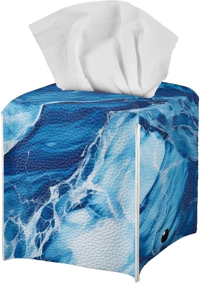 Blue Marble Tissue Box Cover Modern Square Tissue Box Organizer Decorative PU - Image 3