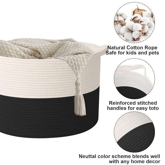 115L Large Blanket Basket, 23.6" L x 23.6" W x 15.7" H Rope Woven Baskets - Image 3