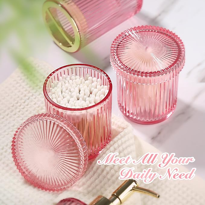 Pink Bathroom Accessories Set, 4 Pack Ribbed Grils Soap Dispenser and - Image 4