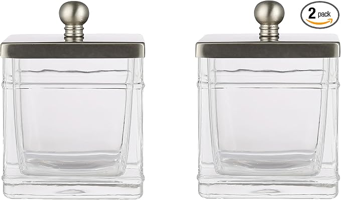 Glass Cotton Jar Holder 2 Pack– Satin Nickel Lid, Elegant Bathroom Storage by IndecorHome