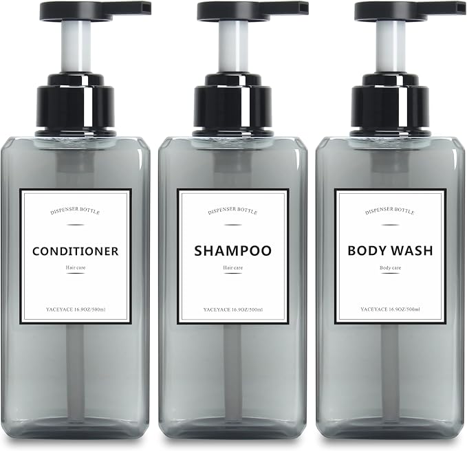 Soap Dispenser Bottle with Pump, YACEYACE 25oz Set of 3 Clear Grey Large by YACEYACE