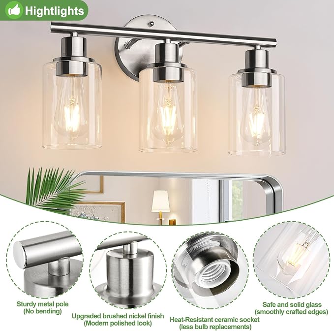 3-Light Bathroom Light Fixtures, Brushed Nickel Vanity Light, Farmhouse Wall - Image 4
