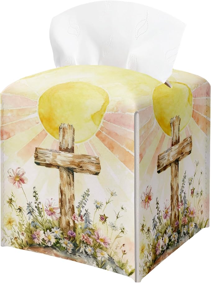 Cross and Wildflowers Tissue Box Cover Square, Religious Easter Waterproof by BGFMVS