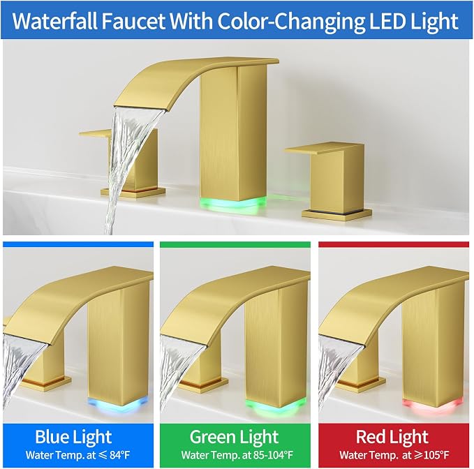 RUMOSE LED Bathroom Faucets Set Brushed Gold 8 inch Bathroom Sink Faucet 3 Hole - Image 3