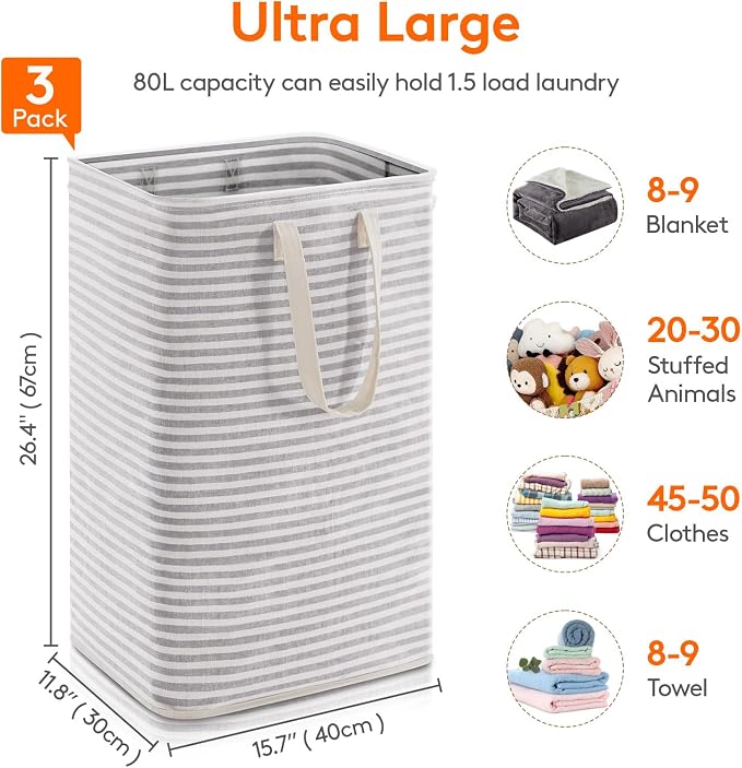 Lifewit 3 Pack Laundry Basket 80L Each, Collapsible Clothes Hamper - Image 3