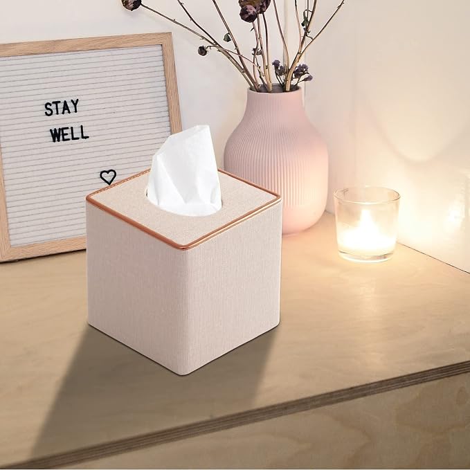 Linen Square Tissue Box Cover, Cube Tissue Box Holder－Excellent Rosegold - Image 7