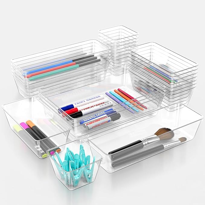 25 Piece Clear Drawer Organizer Set, 4 Sizes Bathroom Vanity Organizer Trays - Image 3