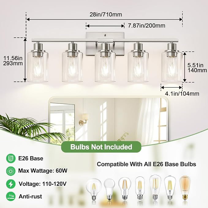 5-Light Bathroom Light Fixtures, Brushed Nickel Bathroom Vanity Light - Image 8