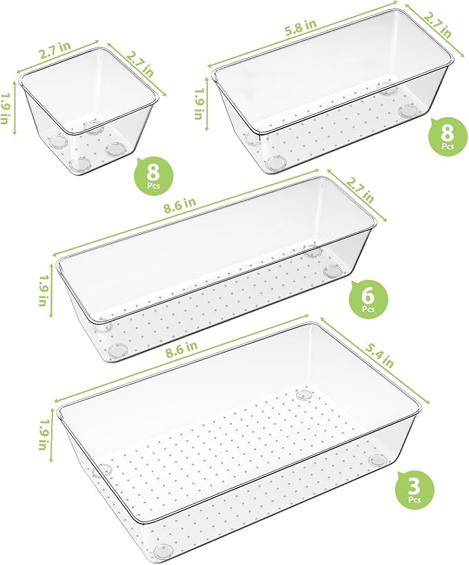 25 Piece Clear Drawer Organizer Set, 4 Sizes Bathroom Vanity Organizer Trays - Image 2