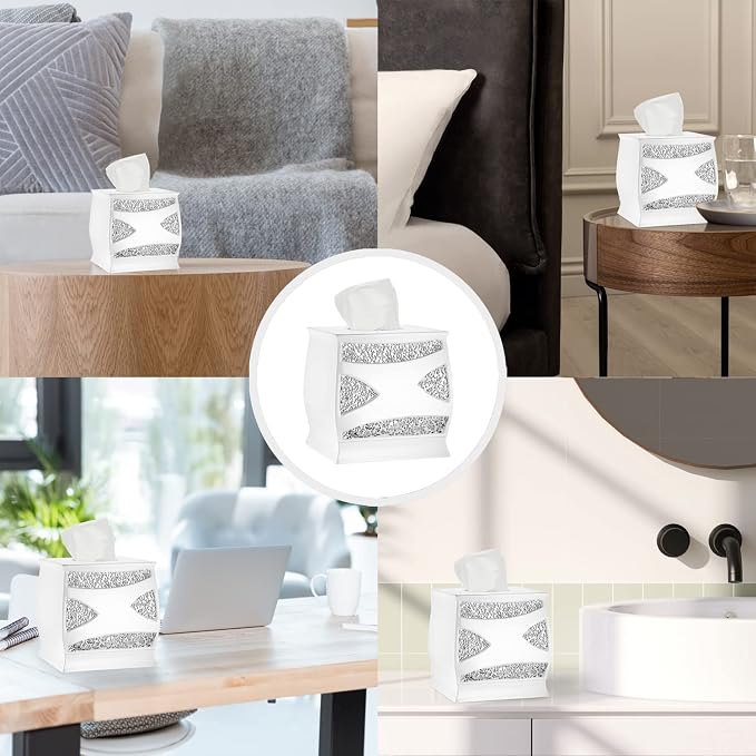 Zahari Home 2pc Sinatra White Modern Bath Accessories Set Waste Basket & Tissue - Image 7