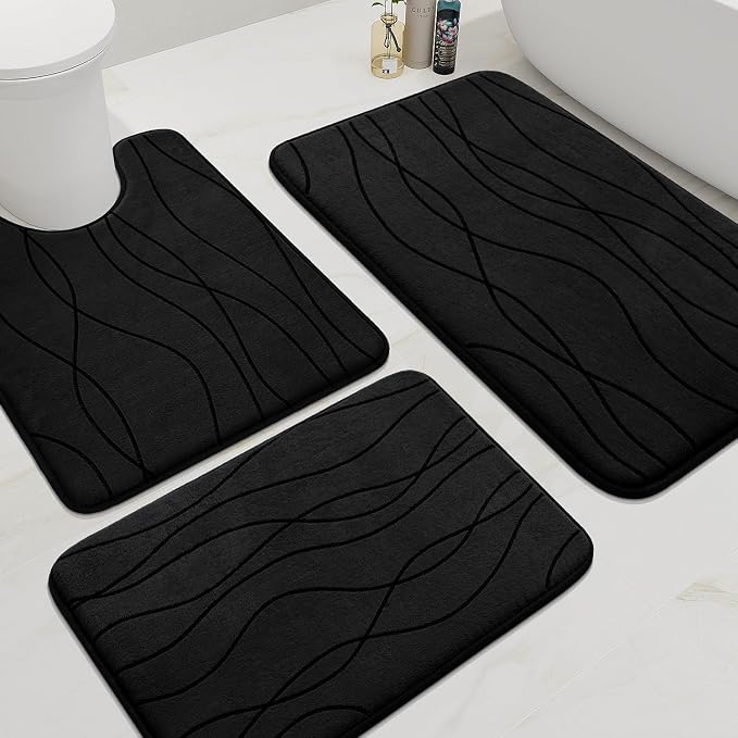 YIHOUSE Memory Foam Black Bathroom Rug Sets 3 Piece, Ultra Absorbent Bath Mat by YIHOUSE