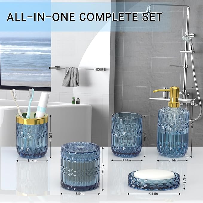 Blue Bathroom Accessories 5 Pcs, Glass Bathroom Accessory Set, Vintage Blue - Image 6