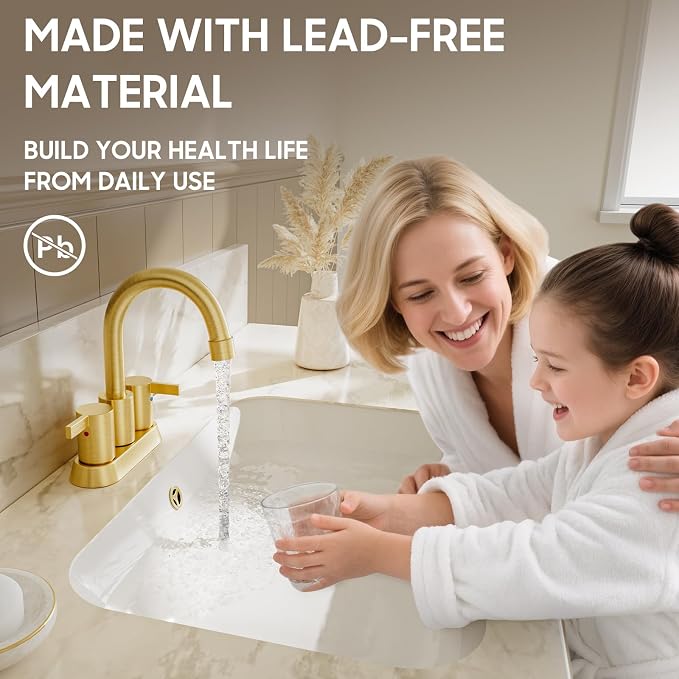 Brushed Gold 4 Inch 2 Handle Centerset Lead-Free Bathroom Faucet, Swivel Spout - Image 3