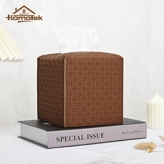 HOMOTEK 2 Pack Tissue Box Cover, Square PU Leather Tissue Holder, Decorative - Image 4