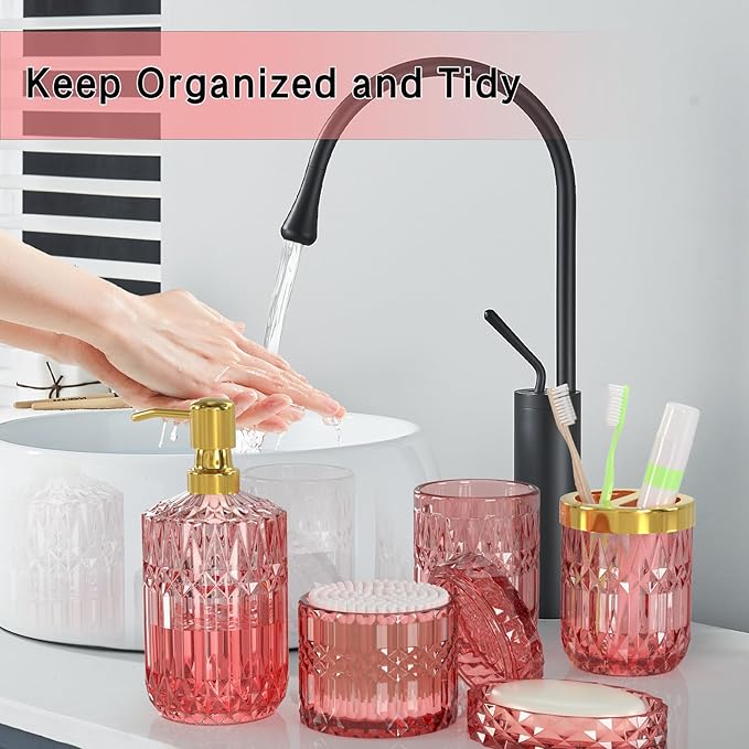 New Pink Glass Bathroom Accessories Set 5 Pcs, Soap Dispenser and Toothbrush - Image 3