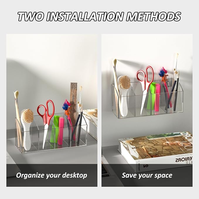 Acrylic Pen Holder Organizer 4 Compartments, No Drill Wall Mounting Pencil - Image 3