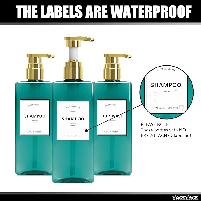 Shampoo Bottles with Gold Pump YACEYACE 16.9oz Set of 3 Empty Shower Bottles - Image 5