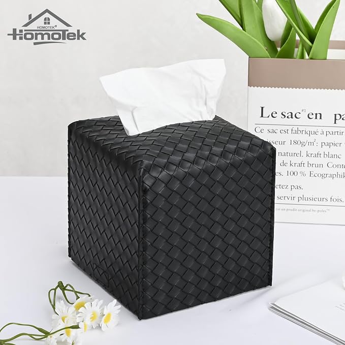 HOMOTEK 2 Pack Tissue Box Cover, Square PU Leather Tissue Holder, Decorative - Image 3