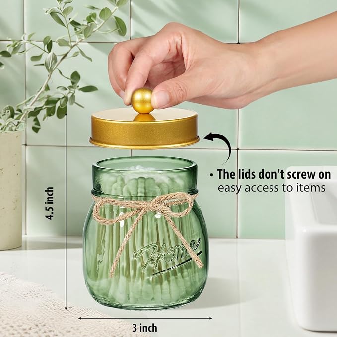 SheeChung Green Glass Qtip Holder Dispenser, Mason Jar Apothecary Jars - Image 4
