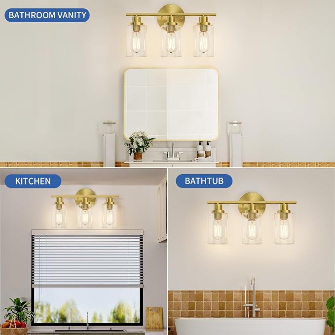 GORDNWE Modern Vanity Light Fixtures, 3 Light Brushed Gold, E26 Bulb Base - Image 5