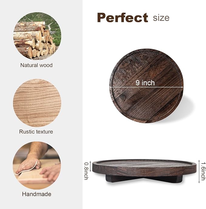 Round Decorative Tray Wood Bathroom Counter Organizer Farmhouse Kitchen Decor - Image 2