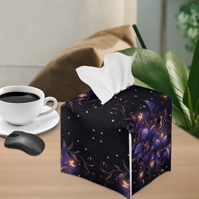 Purple Flower Tissue Box Holder Stylish Leather Square Tissue Box Cover - Image 4