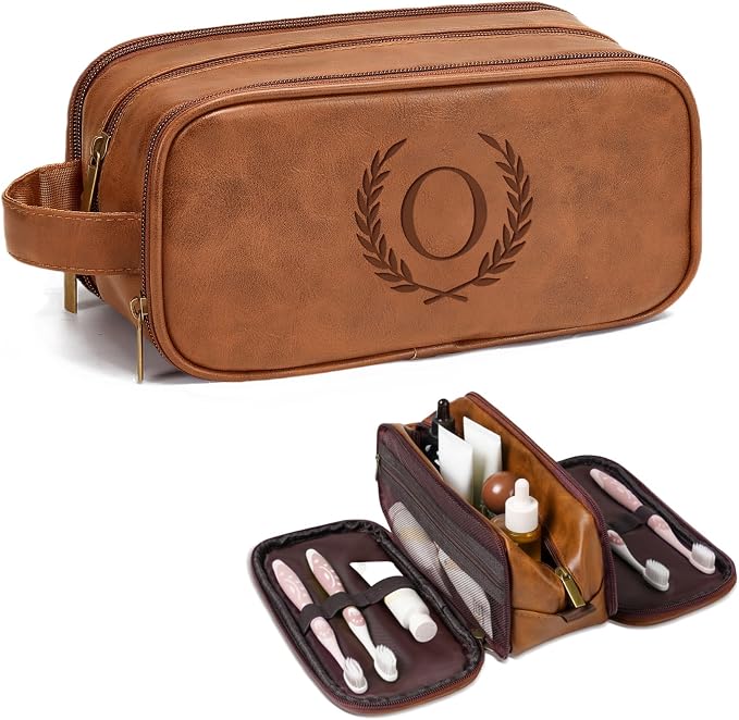 Janhavi Travel Essentials Toiletry Bag, Waterproof PU Leather Initials & Wheat by Janhavi