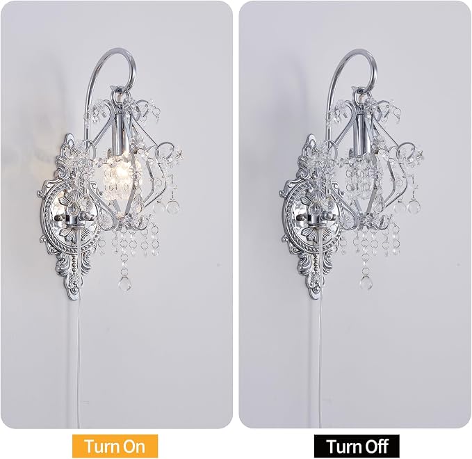 Silver Crystal Vintage Plug in Wall Sconces Set of 2 Indoor Wall Light Fixture - Image 5