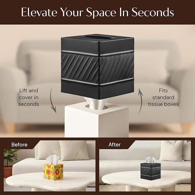 Monarch Abode Tissue Box Cover Square – Handcrafted Wave Embossed Black Metal - Image 6