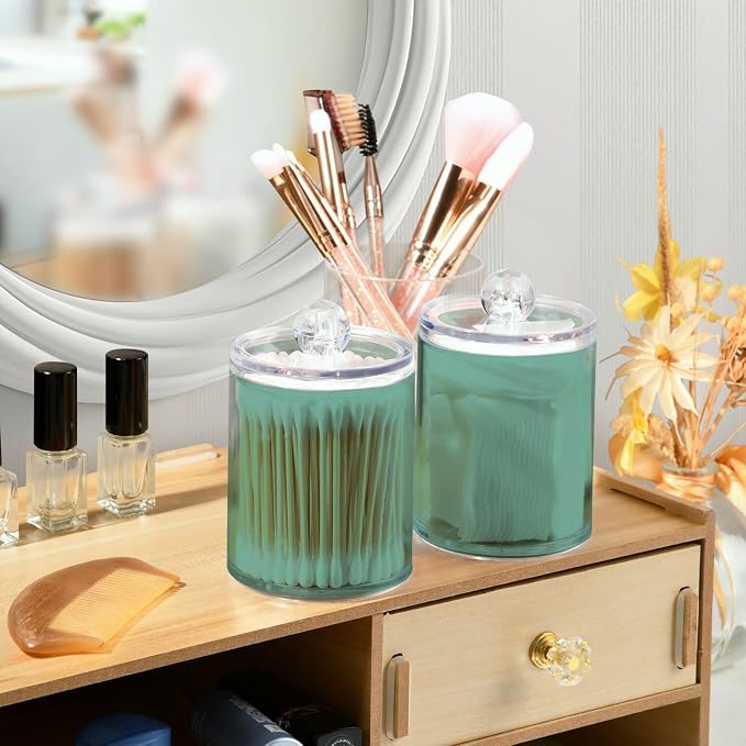 Teal Green Retro Qtip Holder Organizer Dispenser Cotton Swabs Cans Plastic Jars - Image 6