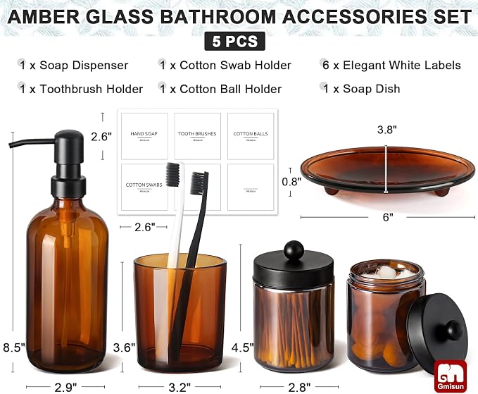 GMISUN Bathroom Accessories Set, 5 Pack Amber Glass Bath Accessory Sets Complete - Image 2