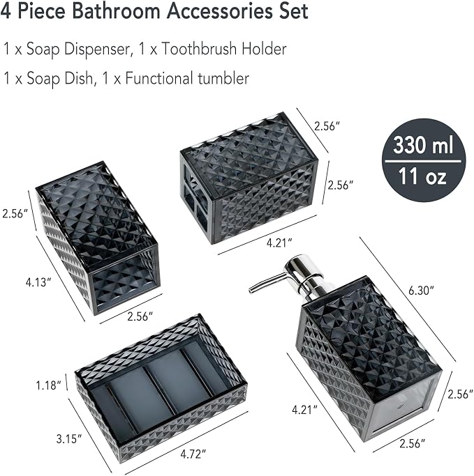 Bathroom Accessories Set, Diamond Pattern Soap Dispenser and Toothbrush Holder - Image 3